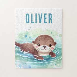 Cute Otter Illustration Custom Name Jigsaw Puzzle