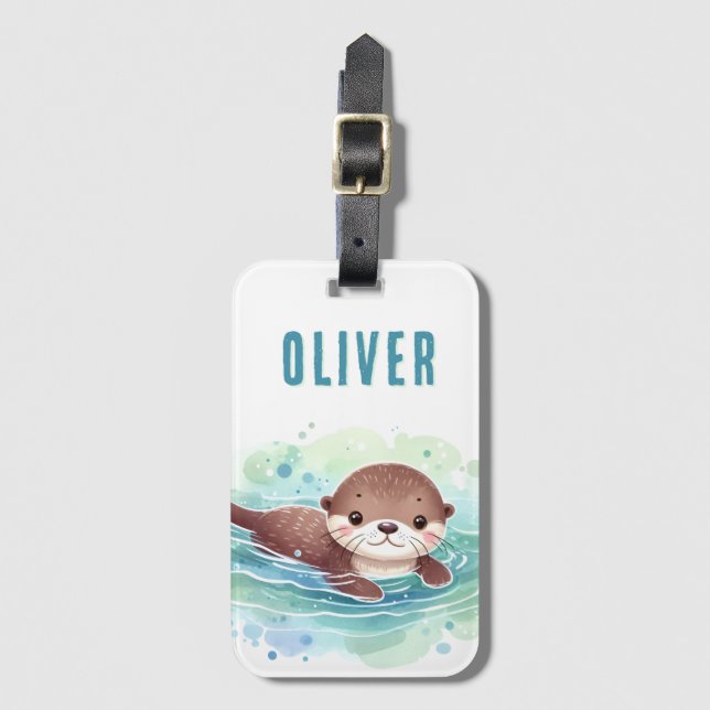 Cute Otter Illustration Custom Name Luggage Tag (Front Vertical)