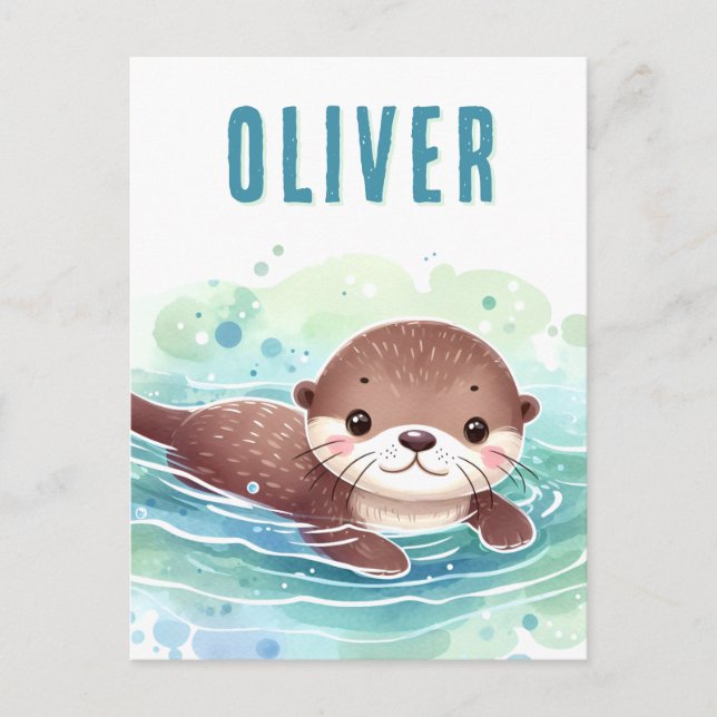 Cute Otter Illustration Custom Name Postcard (Front)
