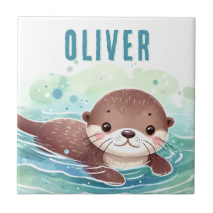 Cute Otter Illustration Custom Name Tile