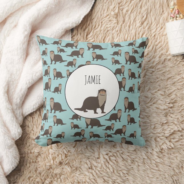 Cute Otter Illustration Pattern  Throw Pillow (Blanket)
