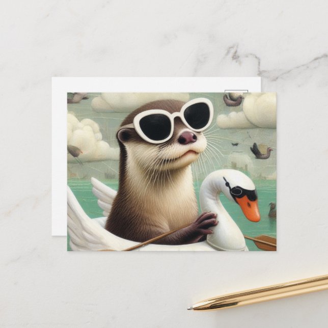 Cute Otter in a Floating Swan Postcard (Front/Back In Situ)