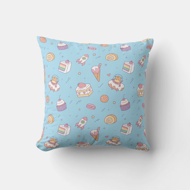 Cute Otter in Outer Space and Desserts Pattern Throw Pillow (Front)