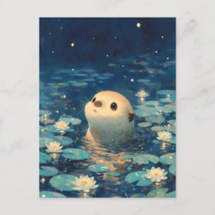 Cute Otter in Starry Night Lily Pond Postcard