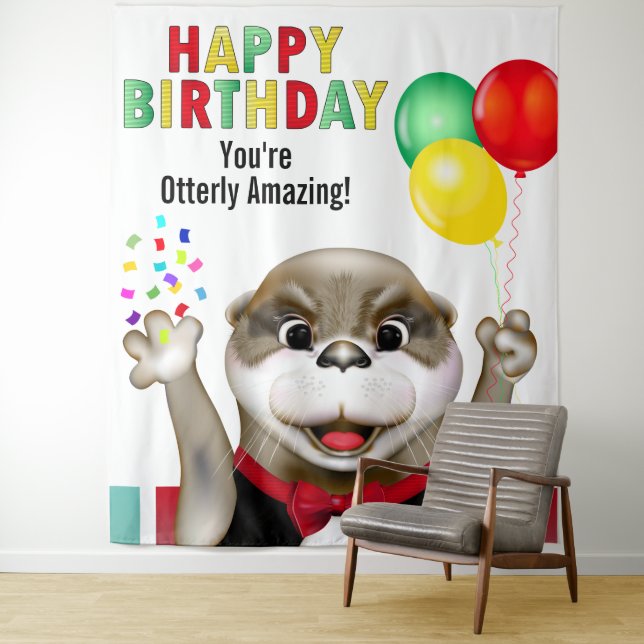 Cute Otter in Tuxedo Kids Birthday Backdrop Tapestry (In Situ)