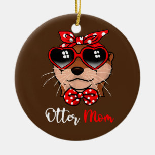 Cute Otter Mom Funny Bow Turban Glasses Ceramic Ornament
