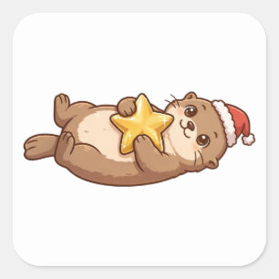 Cute Otter Santa Hat Christmas Star Sticker