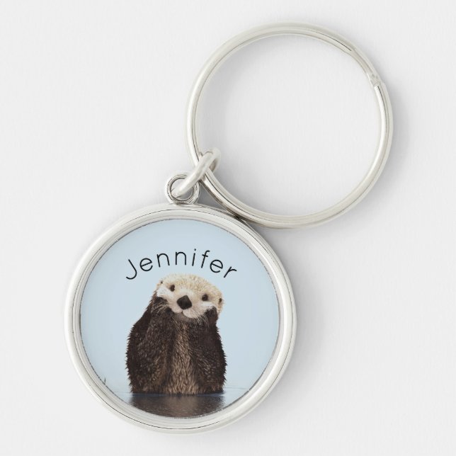 Cute Otter Standing in a Pond Holding his Face Keychain (Front)
