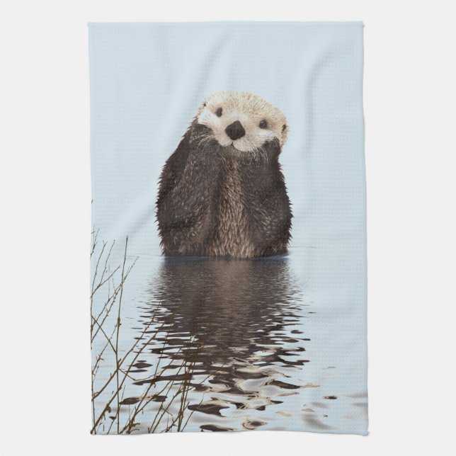 Cute Otter Standing in a Pond Holding his Face Kitchen Towel (Vertical)