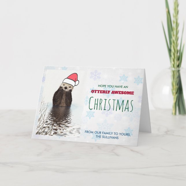 Cute Otter Wearing a Santa Hat Christmas Card (Front)