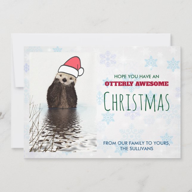 Cute Otter Wearing a Santa Hat Christmas Greeting Thank You Card (Front)