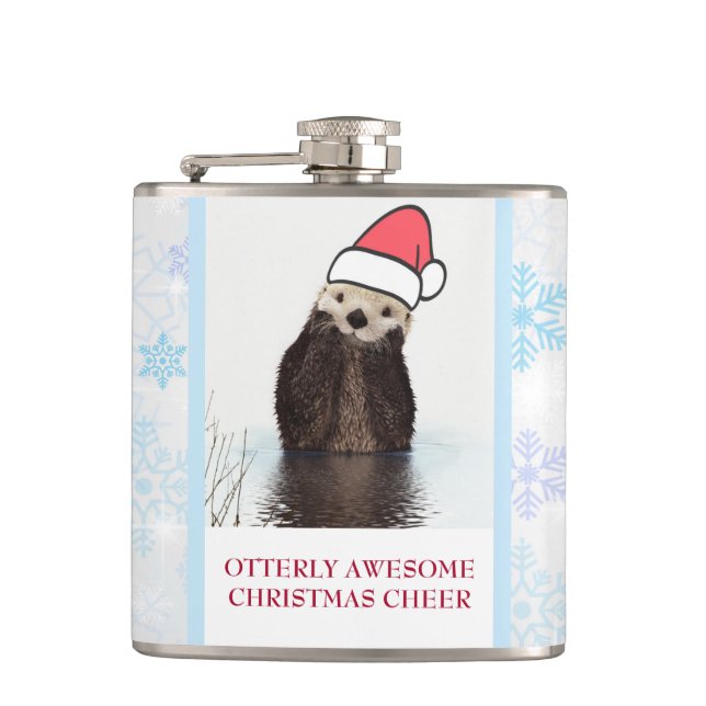 Cute Otter Wearing a Santa Hat Christmas Hip Flask (Front)
