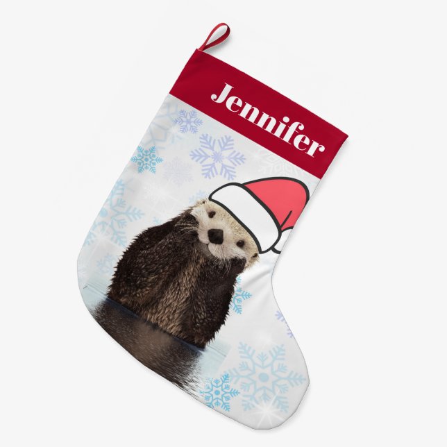Cute Otter Wearing a Santa Hat Christmas Large Christmas Stocking (Front (Hanging))