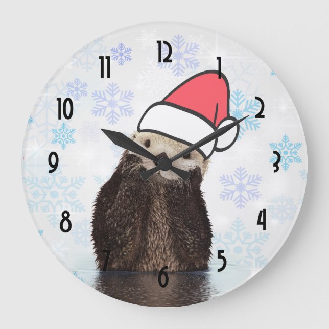 Cute Otter Wearing a Santa Hat Christmas Large Clock (Front)