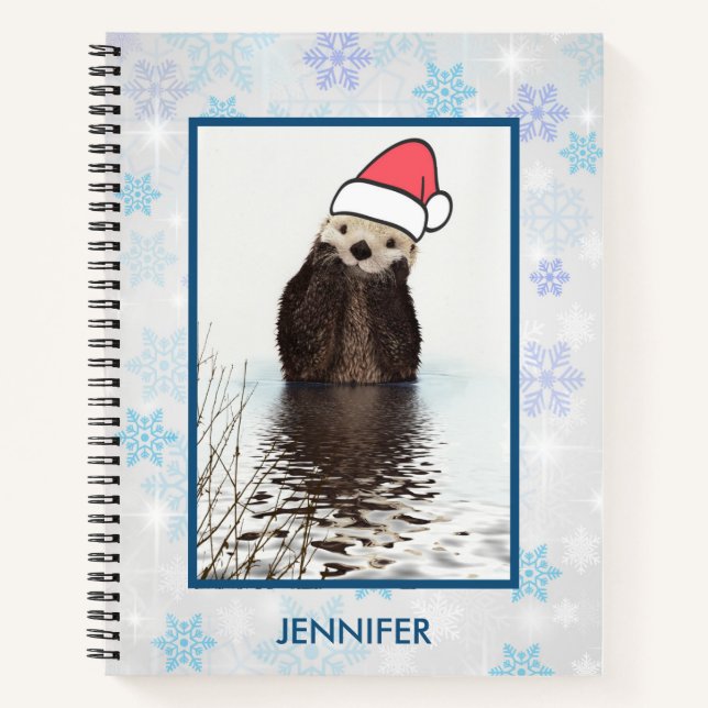 Cute Otter Wearing a Santa Hat Christmas Notebook (Front)