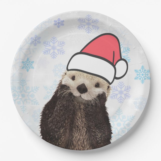 Cute Otter Wearing a Santa Hat Christmas Paper Plate (Front)