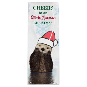 Cute Otter Wearing a Santa Hat Christmas Pun Wine Gift Bag