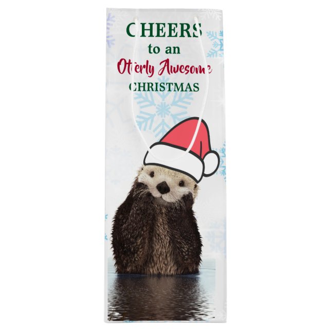 Cute Otter Wearing a Santa Hat Christmas Pun Wine Gift Bag (Front)