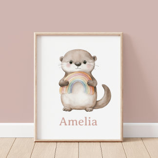 Cute Otter With A Rainbow Baby Name Nursery Wall Poster