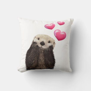 Cute Otter with Love Hearts Throw Pillow