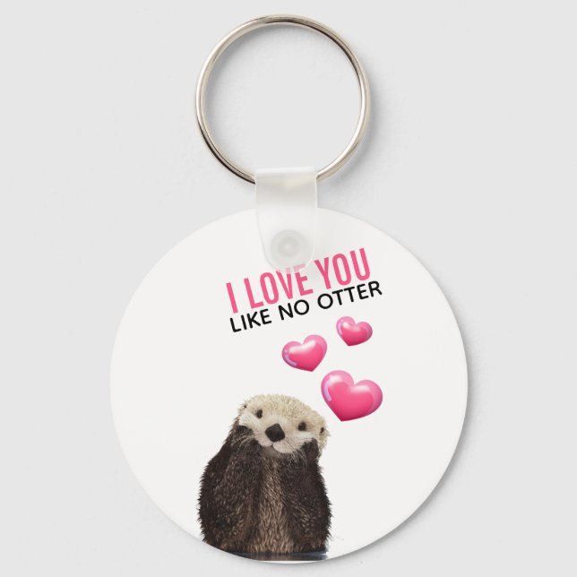 Cute Otter with Pink Hearts Love You Pun Keychain (Front)