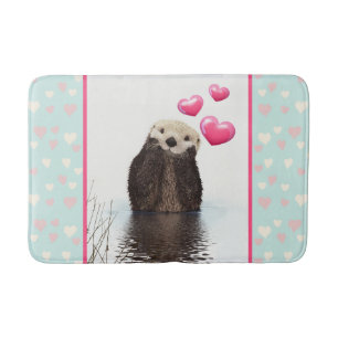 Cute Otter with Pink Love Hearts Bath Mat
