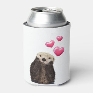 Cute Otter with Pink Love Hearts Can Cooler