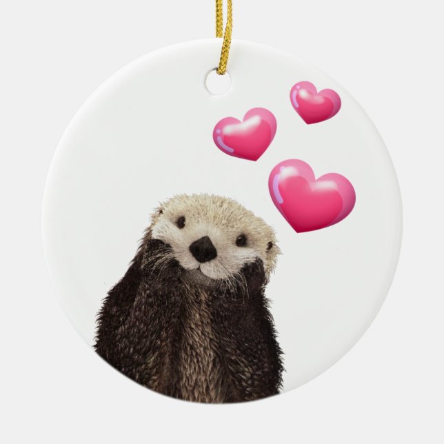 Cute Otter with Pink Love Hearts Ceramic Ornament (Front)