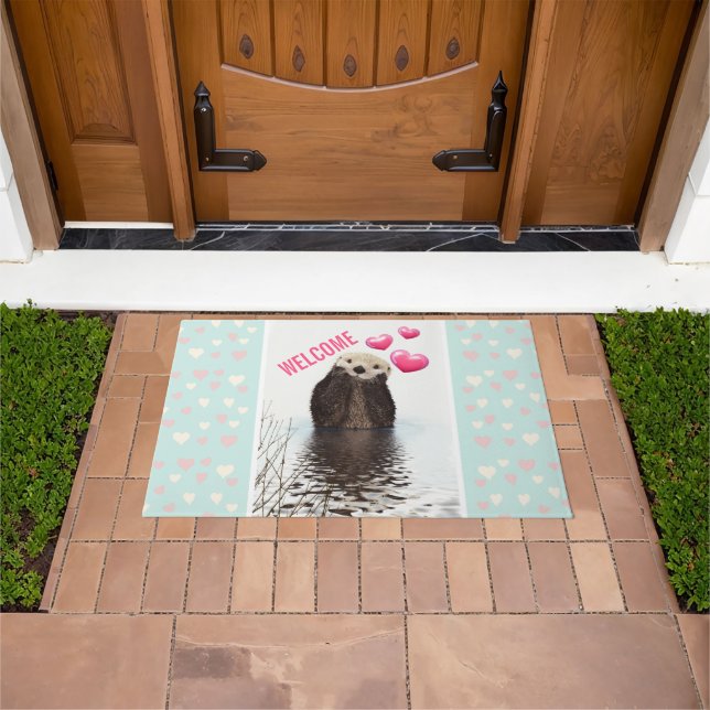 Cute Otter with Pink Love Hearts Doormat (Outdoor)