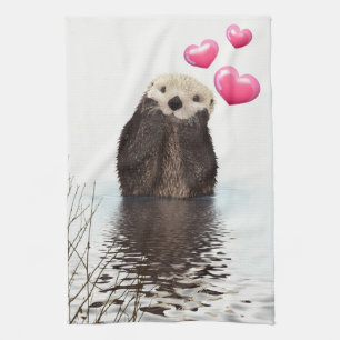 Cute Otter with Pink Love Hearts Kitchen Towel