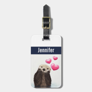 Cute Otter with Pink Love Hearts Luggage Tag