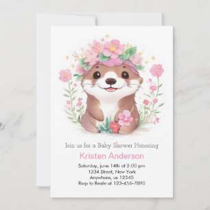 Cute Otter Wonderland Pink Girl Baby Shower Invitation
