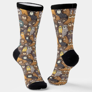 Cute Otters Collage Brown Grey and Black Socks