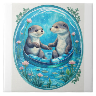 Cute otters holding hands. Blue water lily pads Tile