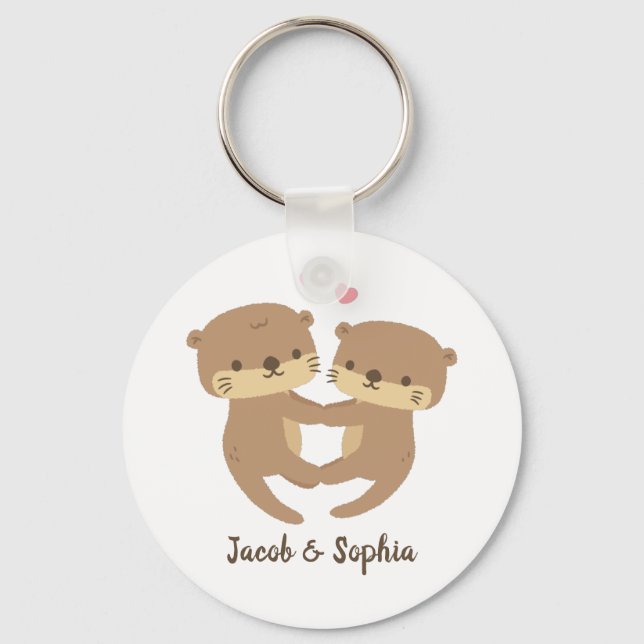 Cute Otters Holding Paws, Couple Personalized Keychain (Front)