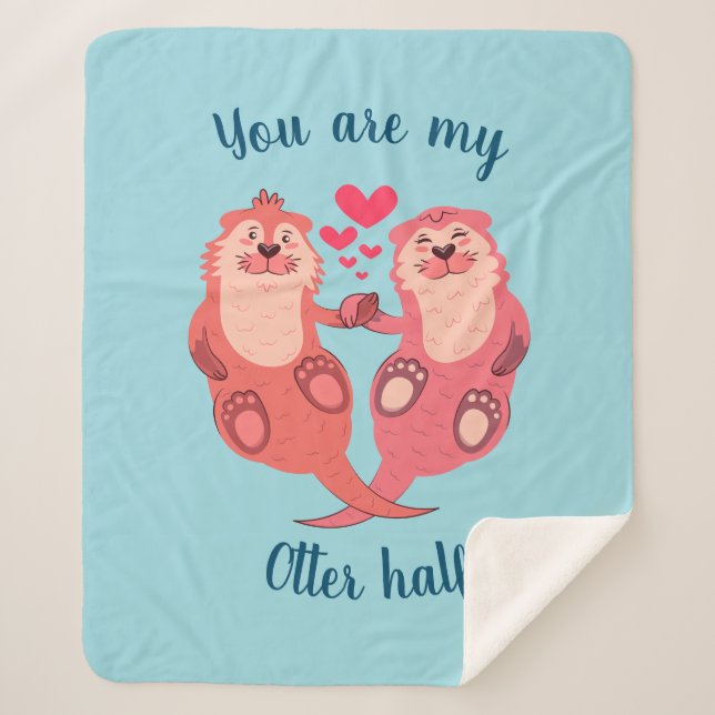 Cute Otters Valentines Day Couple Personalized Sherpa Blanket (Front)