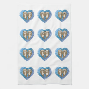 Cute Otters with Blue Heart in the Background Kitchen Towel