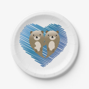 Cute Otters with Blue Heart in the Background Paper Plate