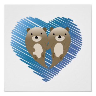 Cute Otters with Blue Heart in the Background Poster