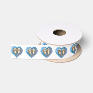 Cute Otters with Blue Heart in the Background Satin Ribbon