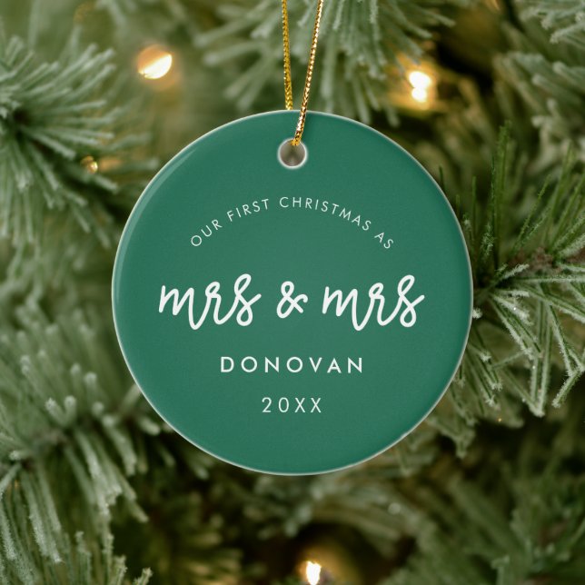 Cute Our First Christmas as Mrs and Mrs Green Ceramic Ornament (Tree)