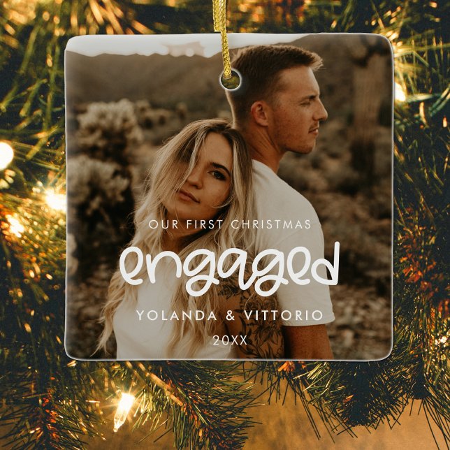 Cute Our First Christmas engaged Photo Ceramic Ornament (Creator Uploaded)