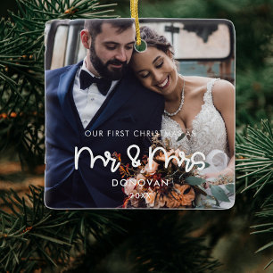 Cute Our First Christmas Wedding Photo Ceramic Ornament