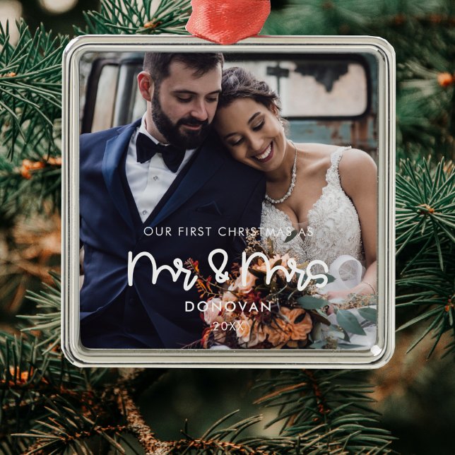 Cute Our First Christmas wedding photo Metal Ornament (Creator Uploaded)