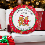 Cute Our First Christmas with Gingerbread Man  Round Pillow<br><div class="desc">Add your names and the year to this cute personalized,  "Our First Christmas" Christmas pillow with a cute gingerbread couple.</div>