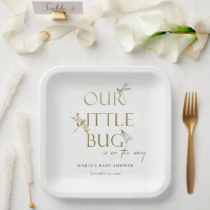 Cute Our Little Bug Gold Dragonfly Baby Shower Paper Plate