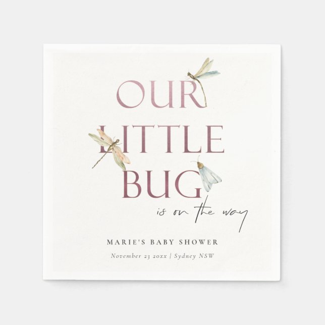 Cute Our Little Bug Pink Dragonfly Baby Shower Napkin (Front)