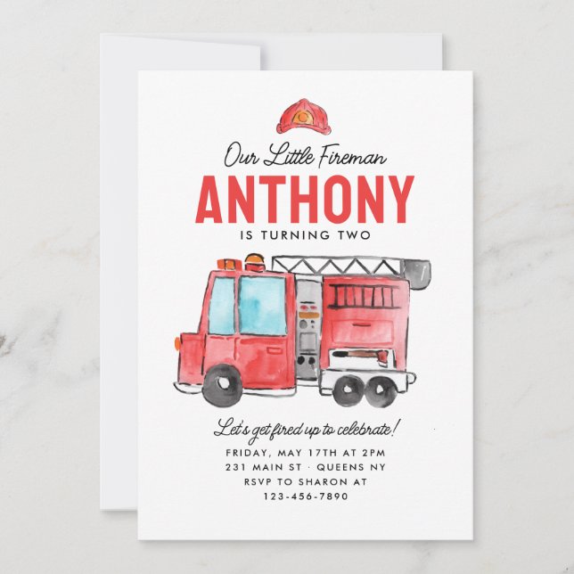 Cute Our Little Fireman Helmet Fire Truck Birthday Invitation (Front)