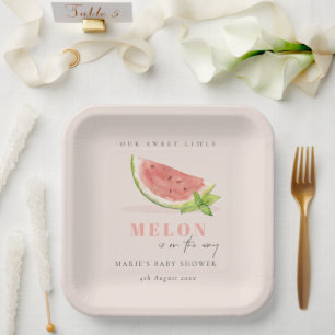 Cute Our Little Melon Watercolor Blush Baby Shower Paper Plate