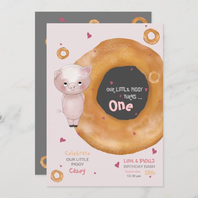 Cute "OUR LITTLE PIGGY"  |  “Love & Bagels”  Invitation (Front/Back)